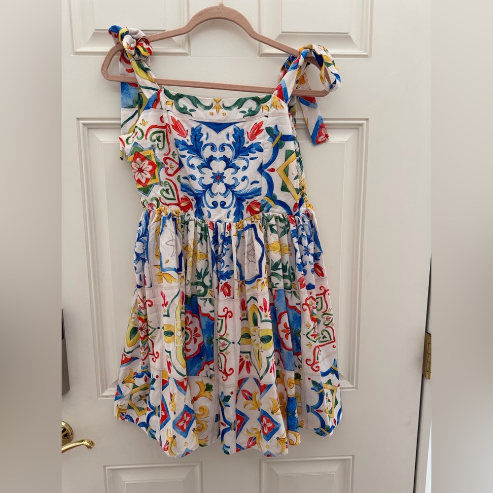 Tie-Shoulder Tile Print Sundress - White Multi